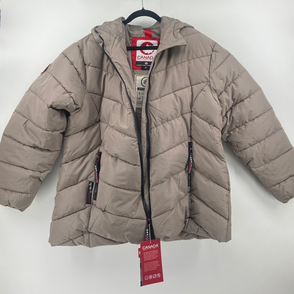 Canada Weathergear Womens Taupe Chevron Puffer Jacket Hooded Winter Coat 2X NEW